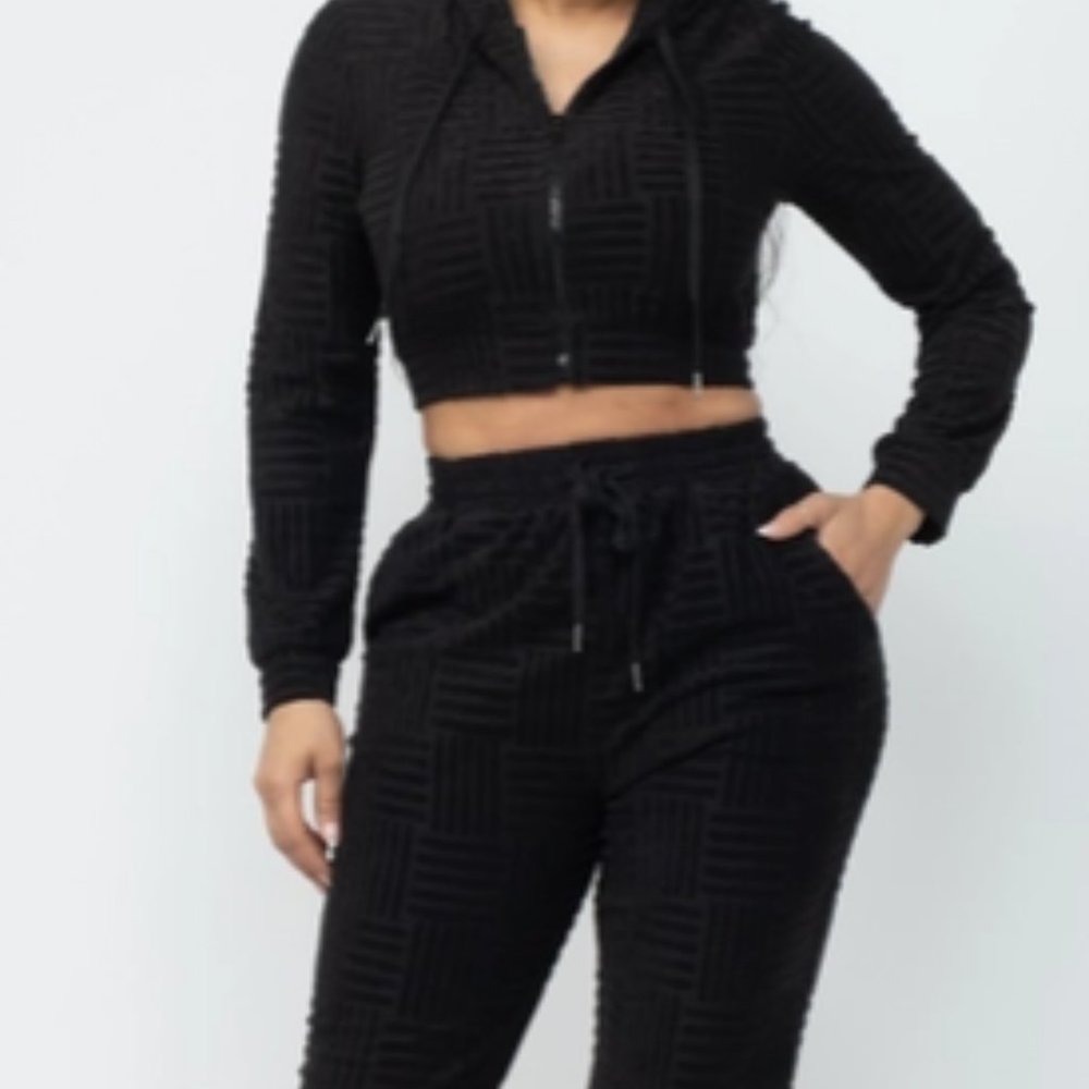 Black Long Sleeve Full Zip Crop Top Jogger Set